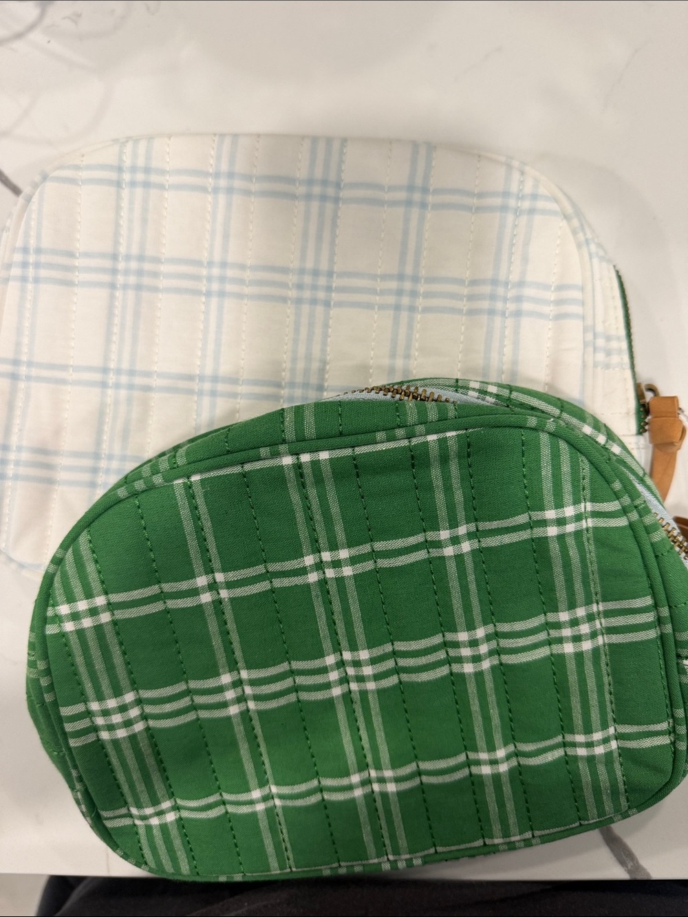 Hearth & Hand Green and White Plaid Quilted Cosmetic Pouch Set